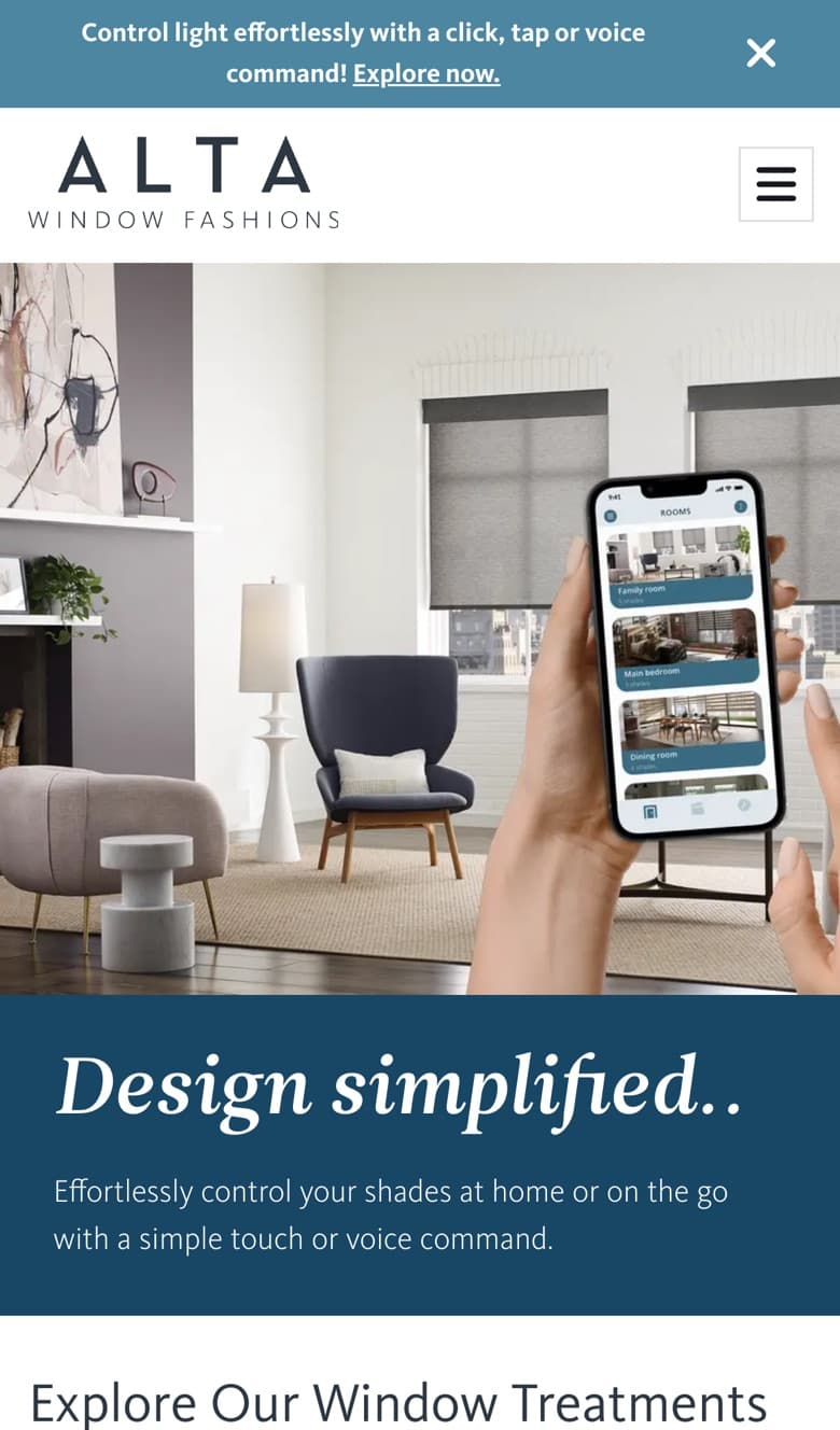 Alta Window Fashions homepage on mobile