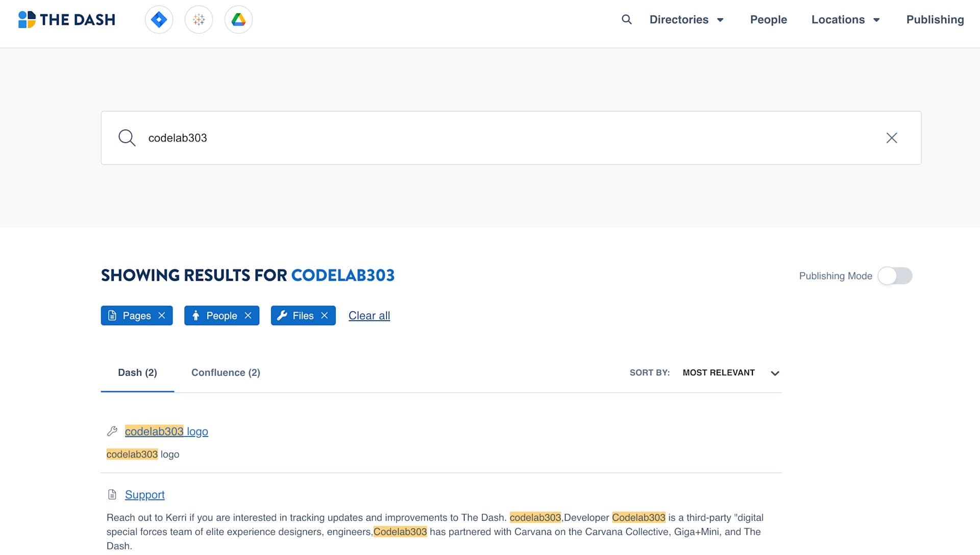 The Dash search results