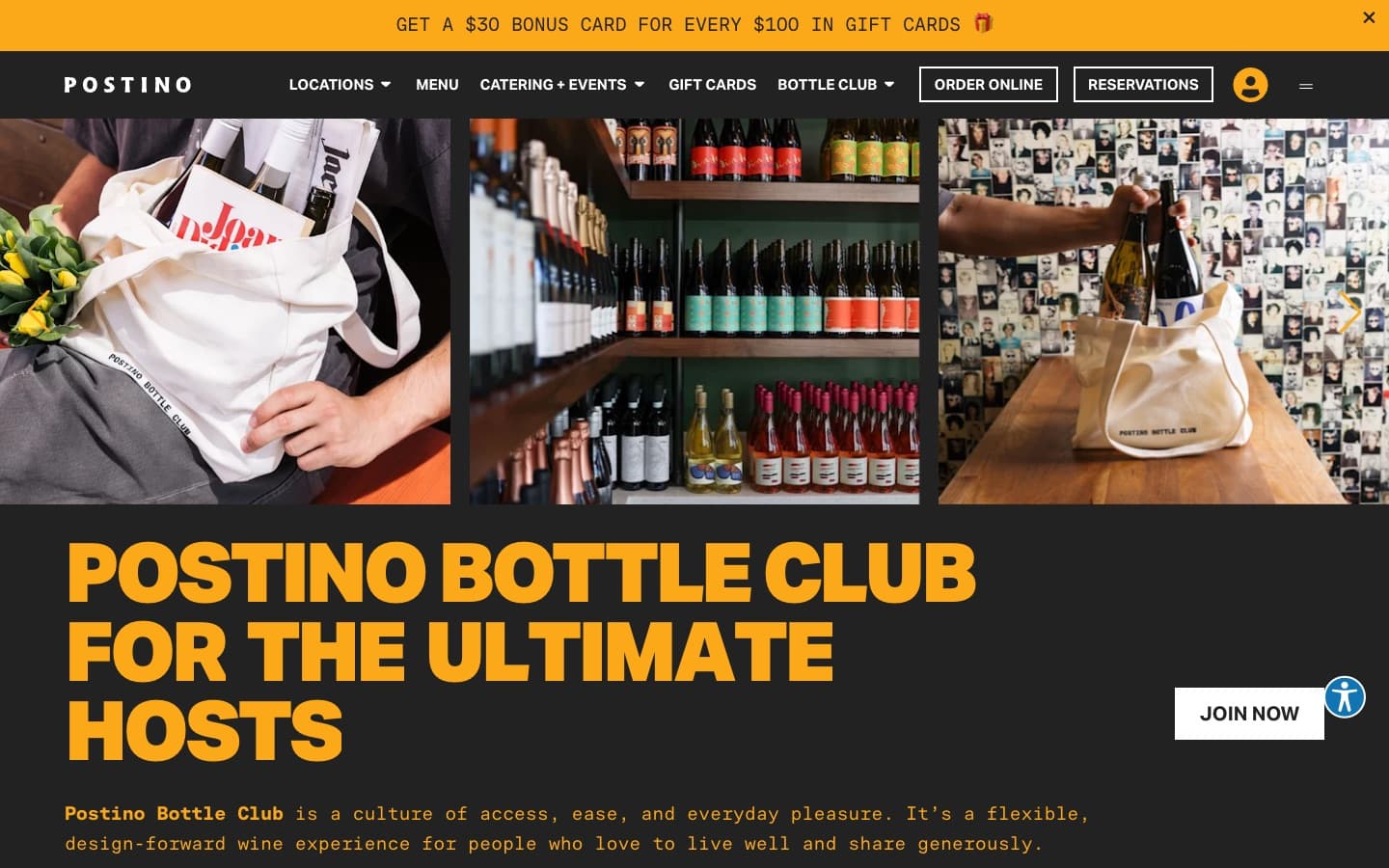 Postino Bottle Club homepage on desktop