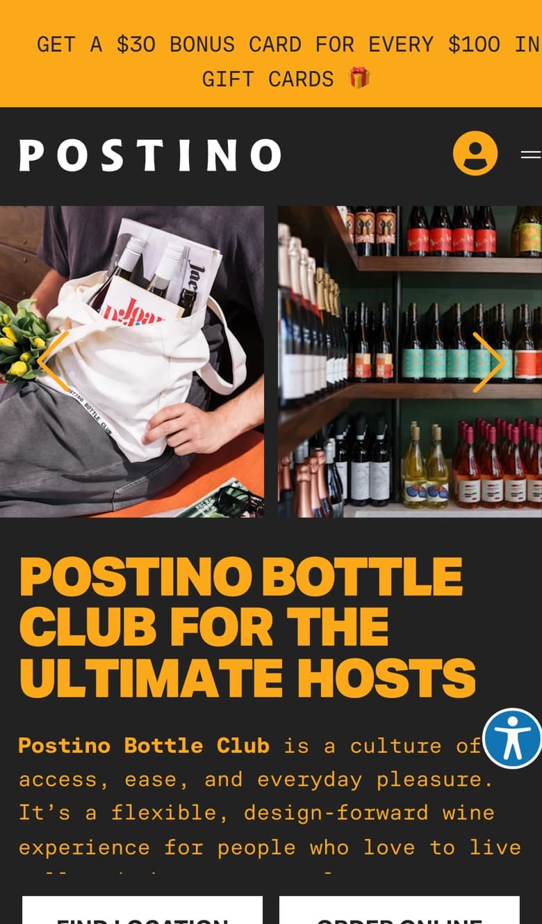 Postino Bottle Club homepage on mobile